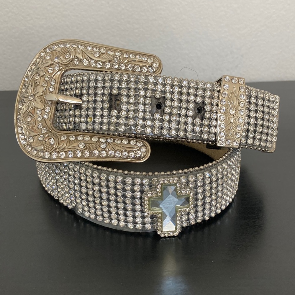 Rhinestone silver western vintage belt with cross